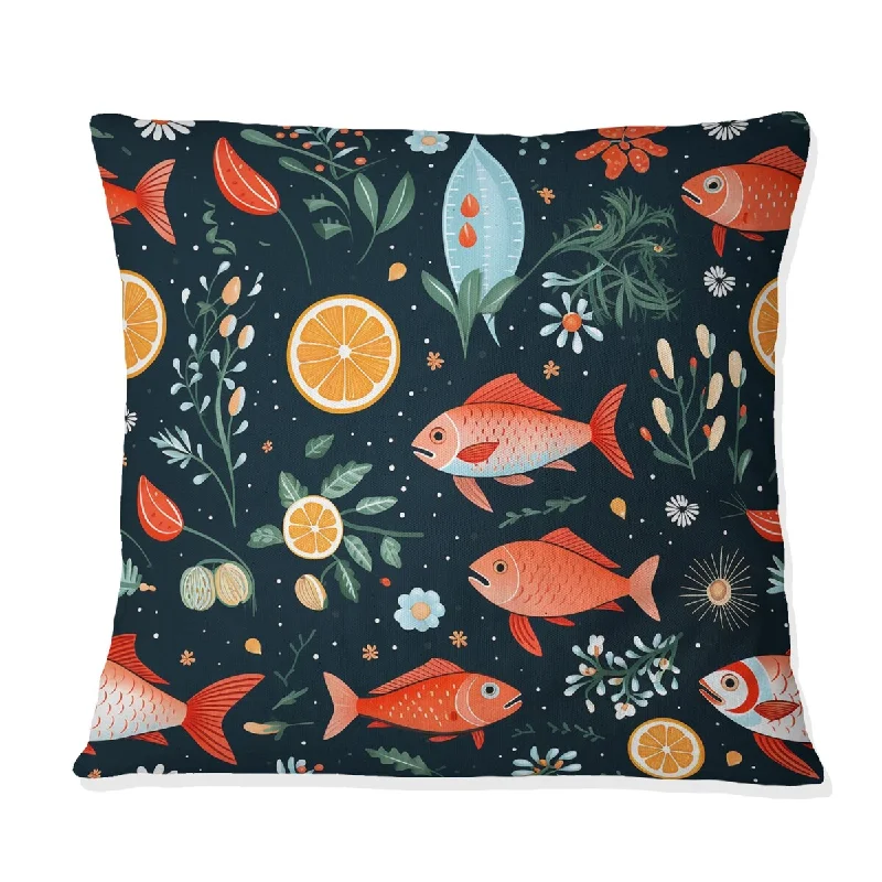 Designart "Colorl Seafood Kitchen Collage" Animals Printed Throw Pillow