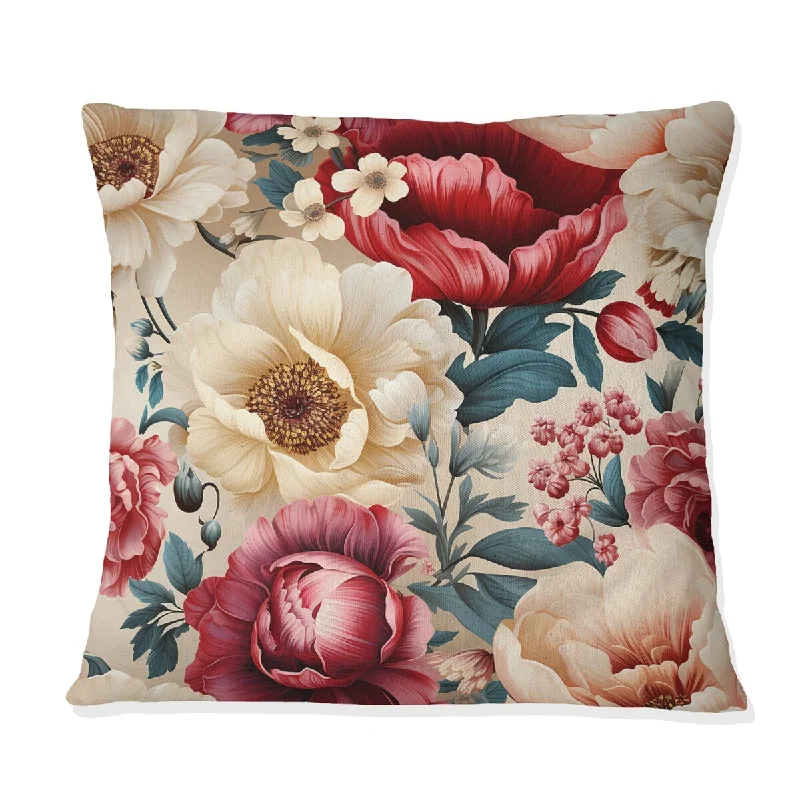 Designart "Ivory & Red Boho Chic Floral Pattern IV" Floral Printed Throw Pillow