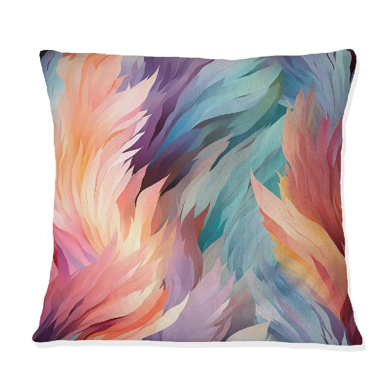 Designart "Peach And Green Ethereal Ikat Feathers" Abstract Printed Throw Pillow