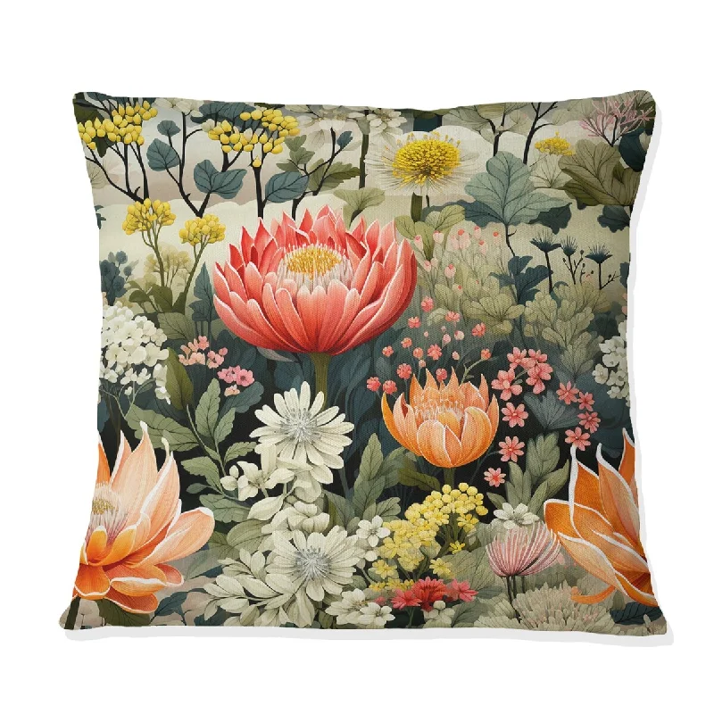 Designart "Pink And Green Radiant Floral Oasis Fields" Floral Printed Throw Pillow