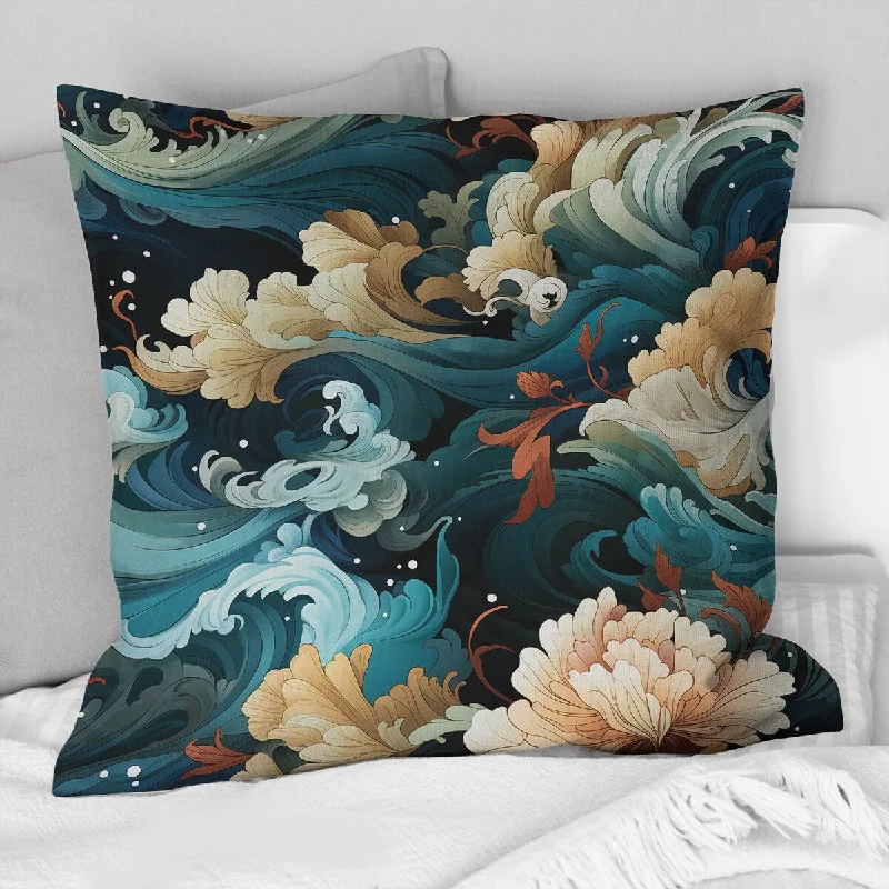 Designart "Waves And Flowers Japanese Pattern" Japanese Printed Throw Pillow