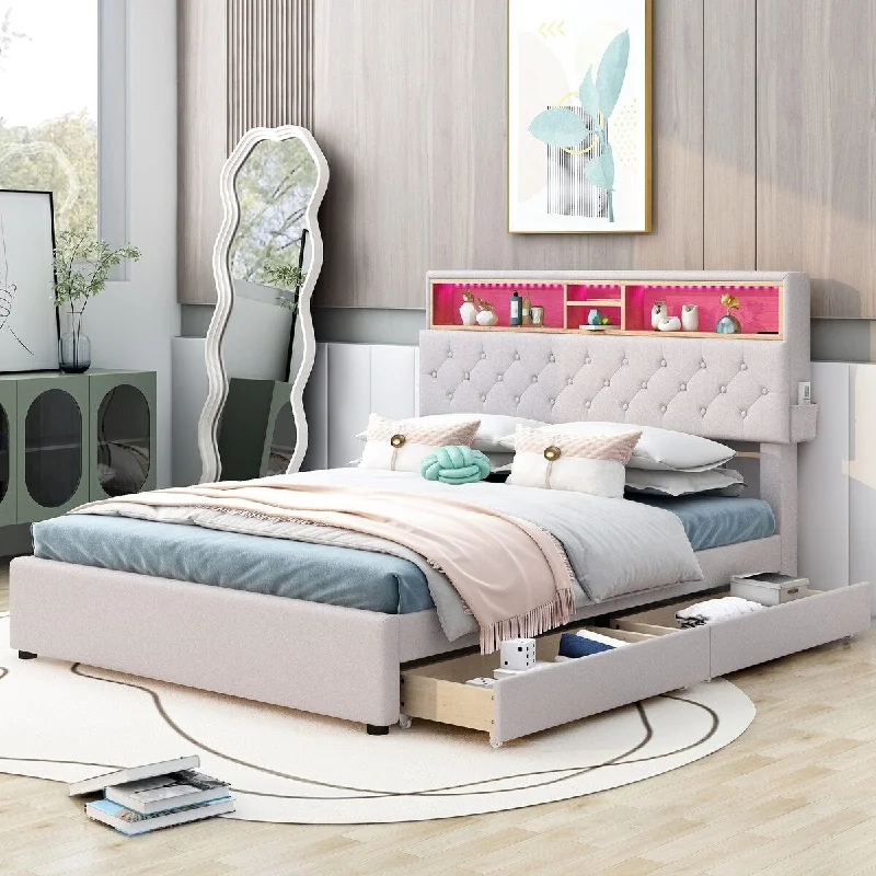 Full/Queen Size Upholstered Platform Bed Frame w/LED Storage Headboard