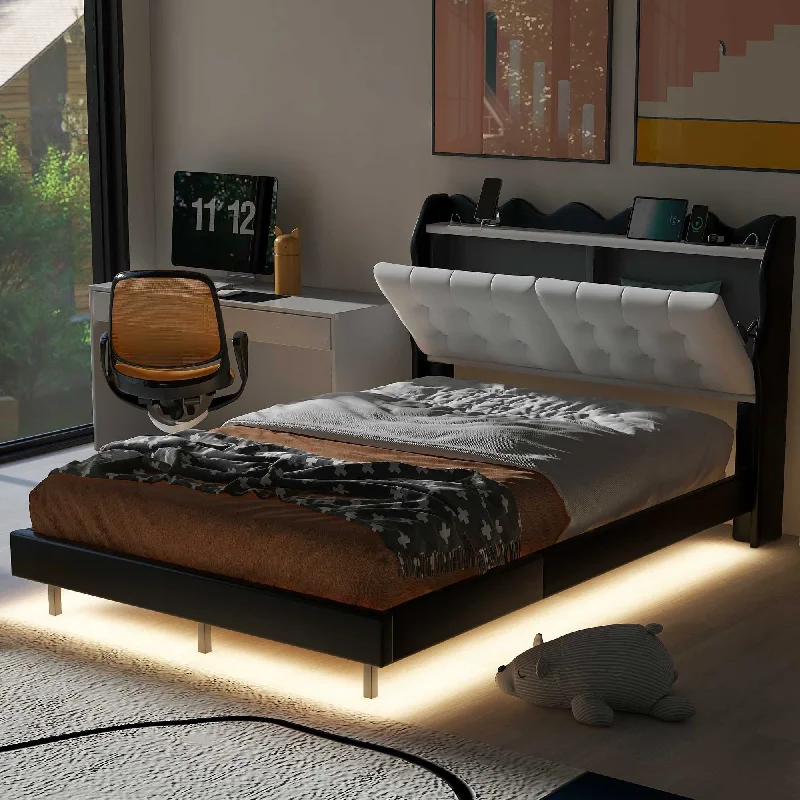 Full Size Upholstery Platform Bed Frame With Led Light Strips And Built-In Storage Space