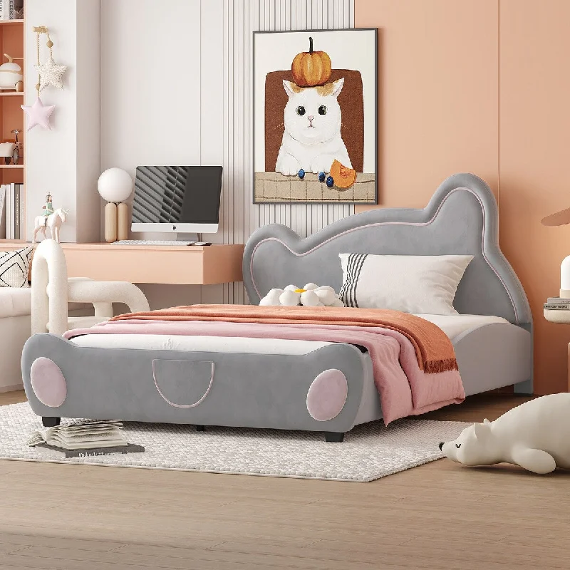 Full Size Velvet Kids Bed with Bear-Shaped Headboard, Gray