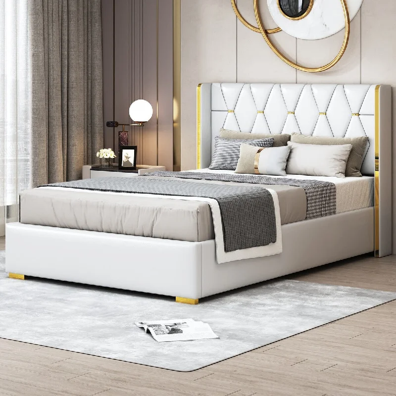 Full Wingback Platform Bed with Embossed Headboard, Gold and Off White