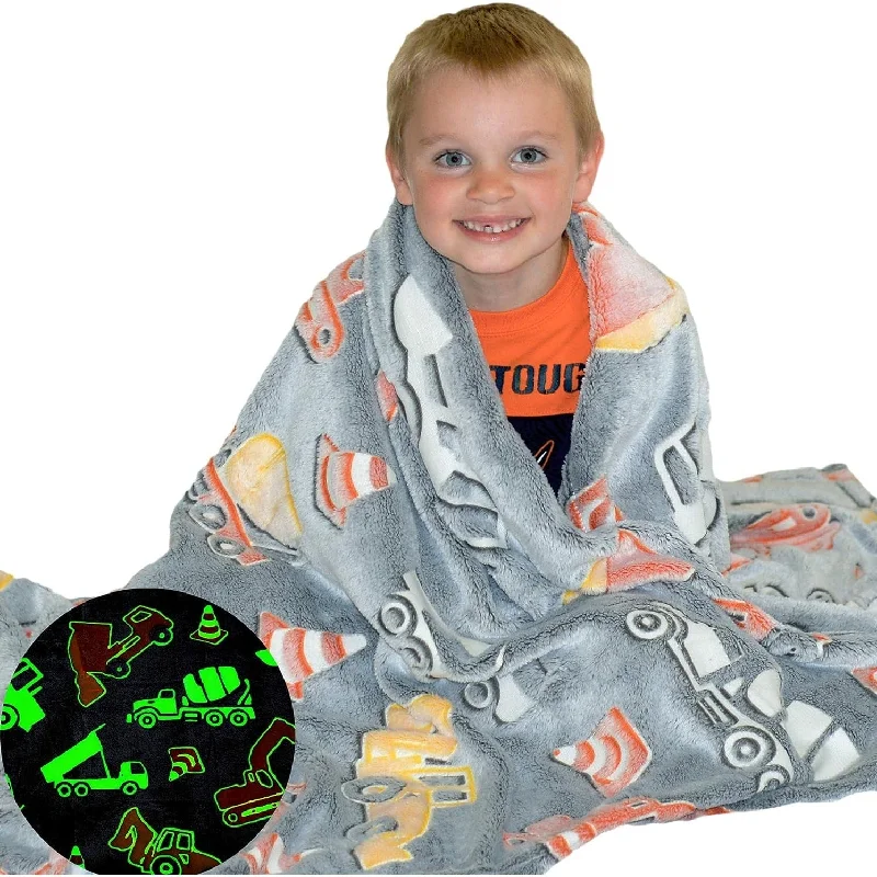 Glow in the Dark Construction Trucks Tractor Plush Blanket for Kids - Girls and Boys Large 60 x 50 inches Throw Blanket