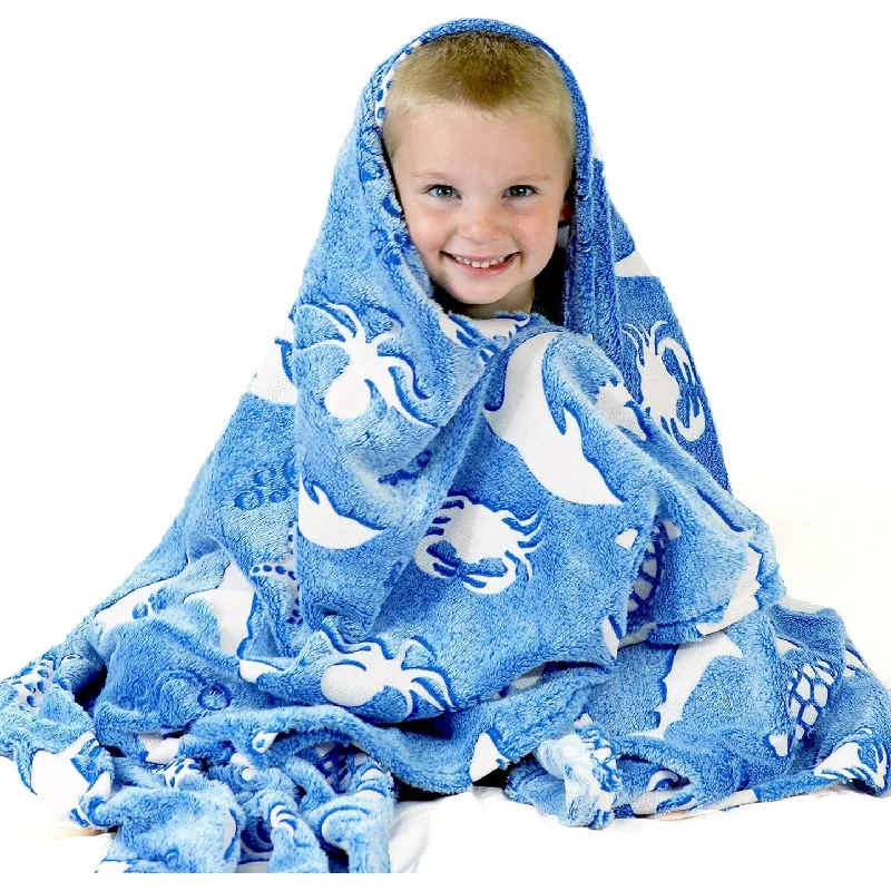 Glow in the Dark Ocean Animal Blue Plush Blanket for Kids - Girls and Boys Large 60 x 50 inches Shark & Turtle Blanket Throw