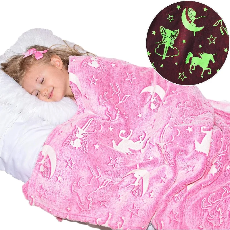 Glow in the Dark Unicorn and Fairy Pink Soft Plush Blanket for Kids - Girls Large 60 x 50 inches Throw Blanket