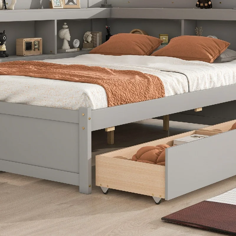 Grey Full Size Bed with L-Shaped Bookcase and Storage Drawers, Space-Saving Design