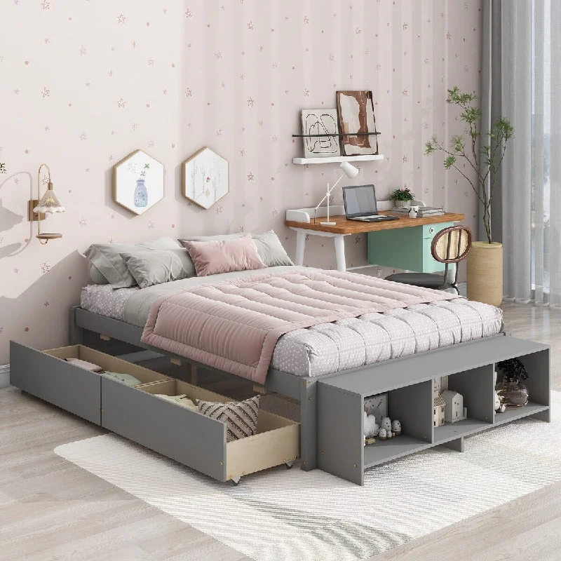 Grey Full Size Bed with Storage Case and Two Drawers, Featuring a Stylish Platform Design, Crafted from Premium Pine Wood