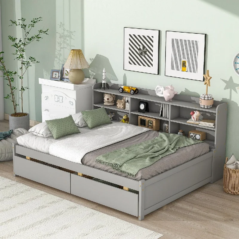 Grey Full Size Pine Daybed with Storage Cabinet and Drawers for Organized Bedroom Spaces