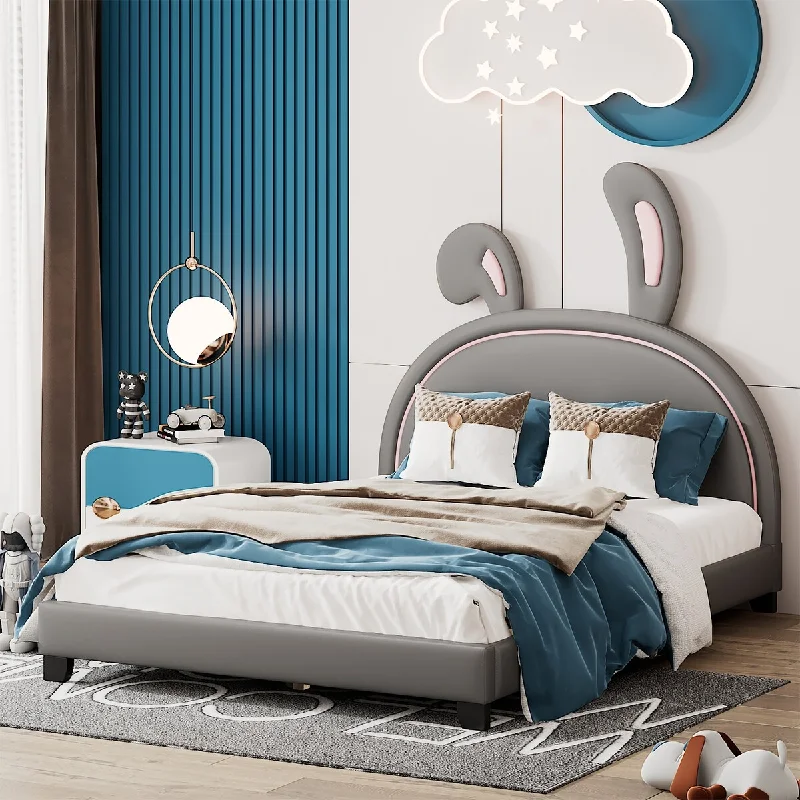 Grey Full Size Upholstered Leather Platform Bed with Rabbit Ornament - High Load Capacity, Solid Construction