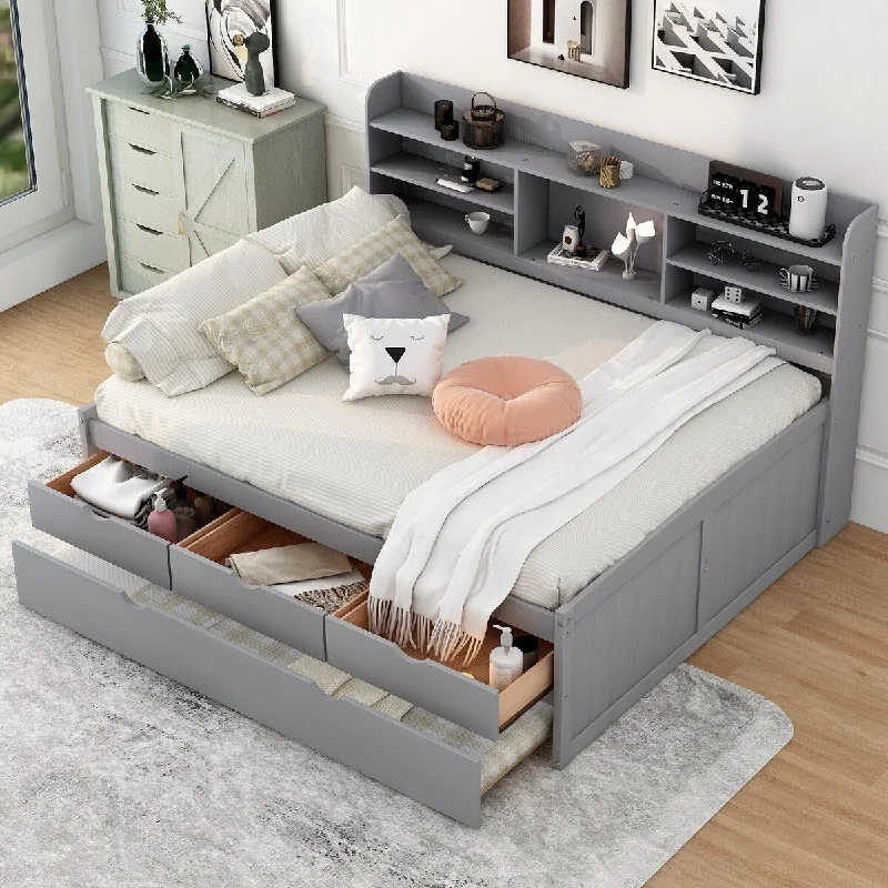 Grey Full Size Wooden Captain Bed with Built-in Bookshelves, Three Storage Drawers and Trundle