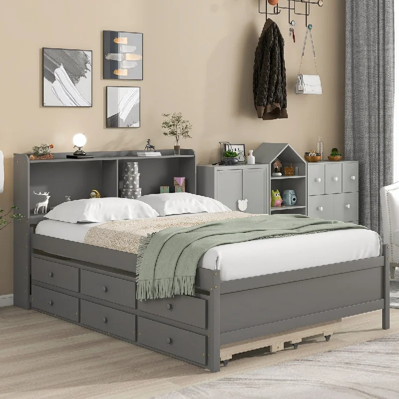 Grey Full SizeEspresso Bed with Bookcase, Trundle, Storage Drawers