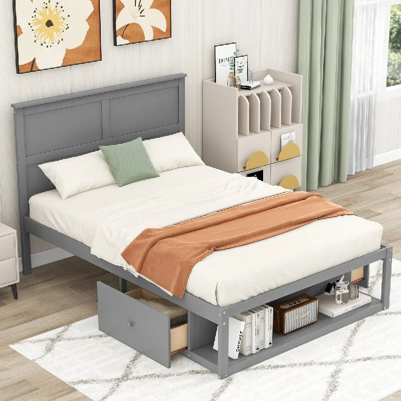 Grey Full SizeModern Platform Bed with Drawers on Each Side and Shelf at the End, Available in /