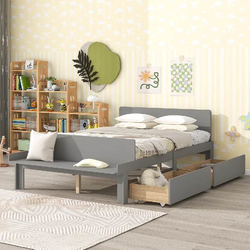 Grey Full SizeSolid Wood / Kids Storage Bed with Footboard Bench - Elegant /