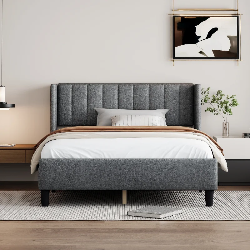 Grey Queen Size Upholstered Wingback Platform Bed