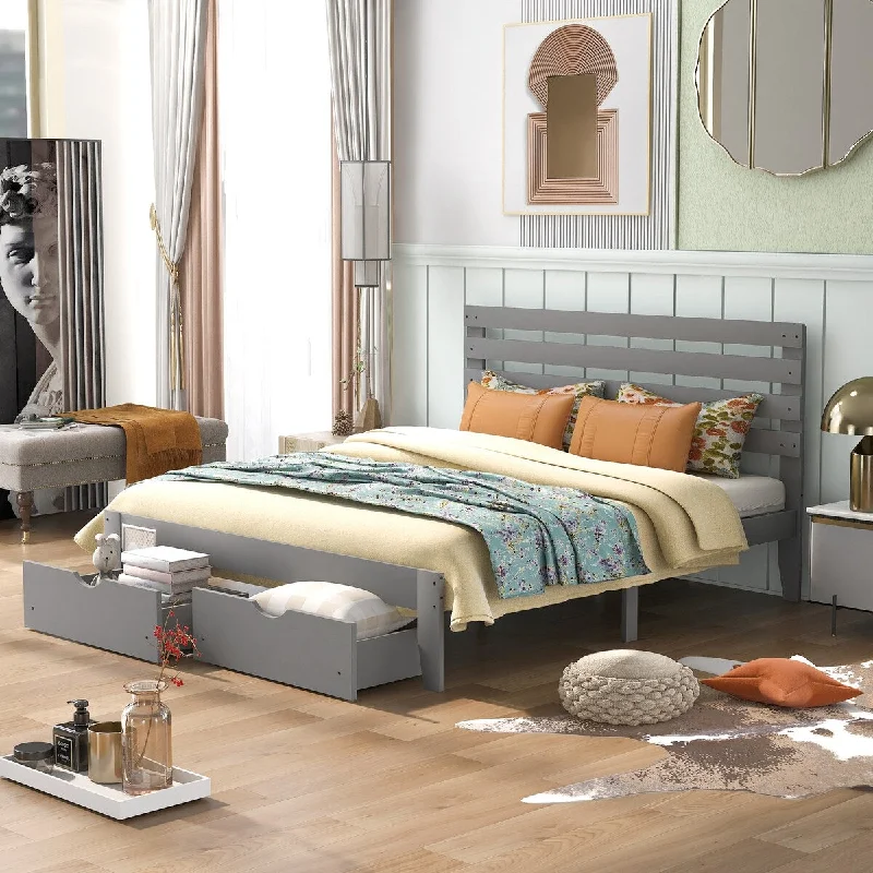 Grey Queen SizeModern Platform Bed with Drawers, Elegant Frame