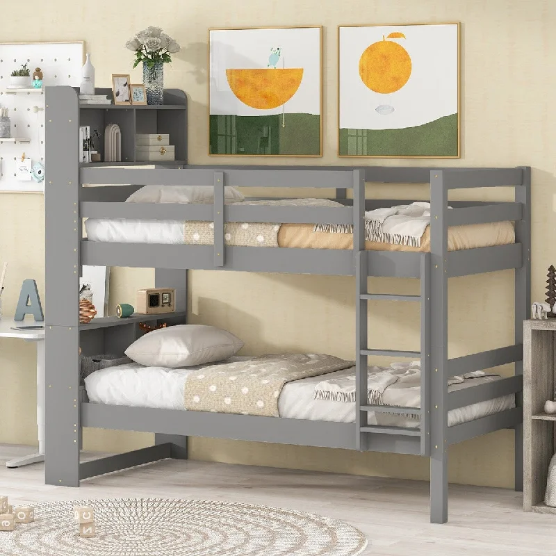 Grey Twin Over Twin Bunk Bed with Bookcase Headboard, Converts to Two Beds