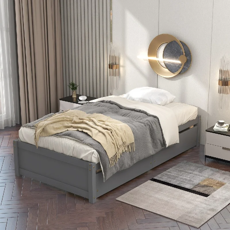 Grey Twin Size Bed with 2 Drawers - Solid Wood Construction, Stylish Design, Easy Assembly