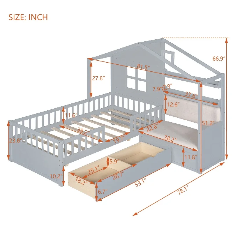 Grey Twin Size House Bed with Sofa, Kids Platform Bed with Two Drawers and Storage Shelf, Linen Upholstered Sofa