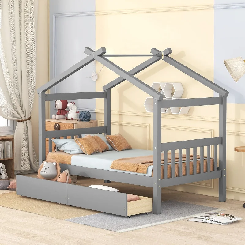 Grey Twin Size House Day Bed with Drawers