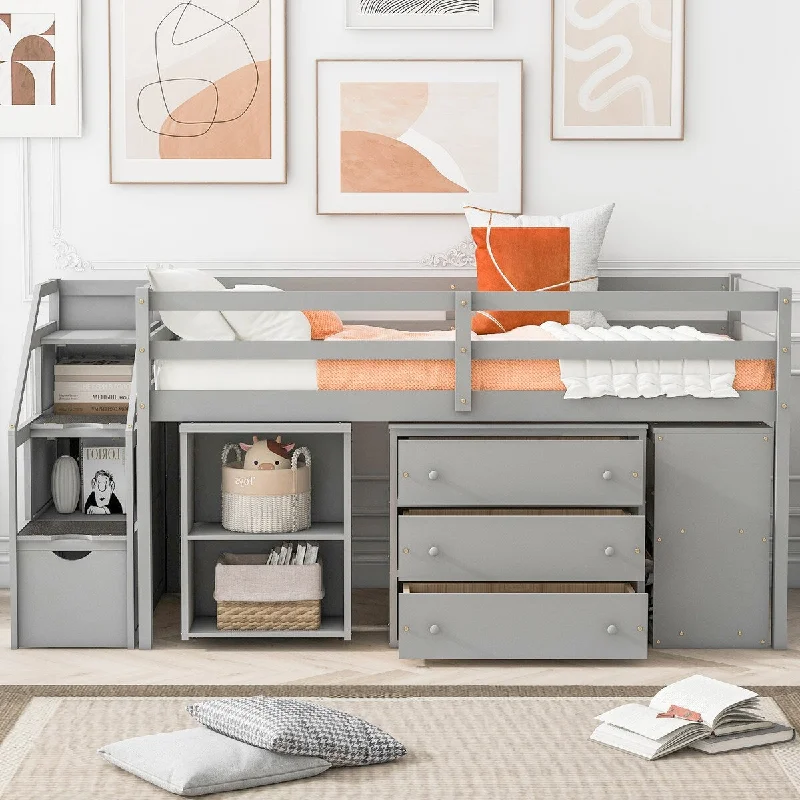 Grey Twin Size Loft Bed with Retractable Writing Desk and Three Spacious Drawers - Available in Three Vibrant Colors