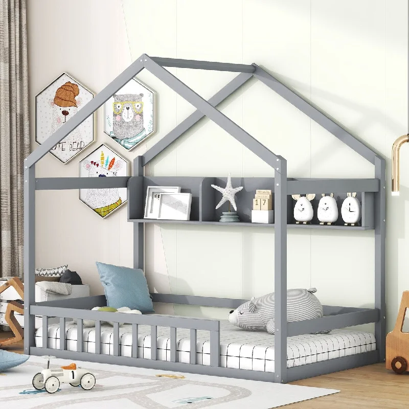 Grey Twin Size Solid Wood House Bed with Storage Shelf, Kids Bed with Fence and Roof