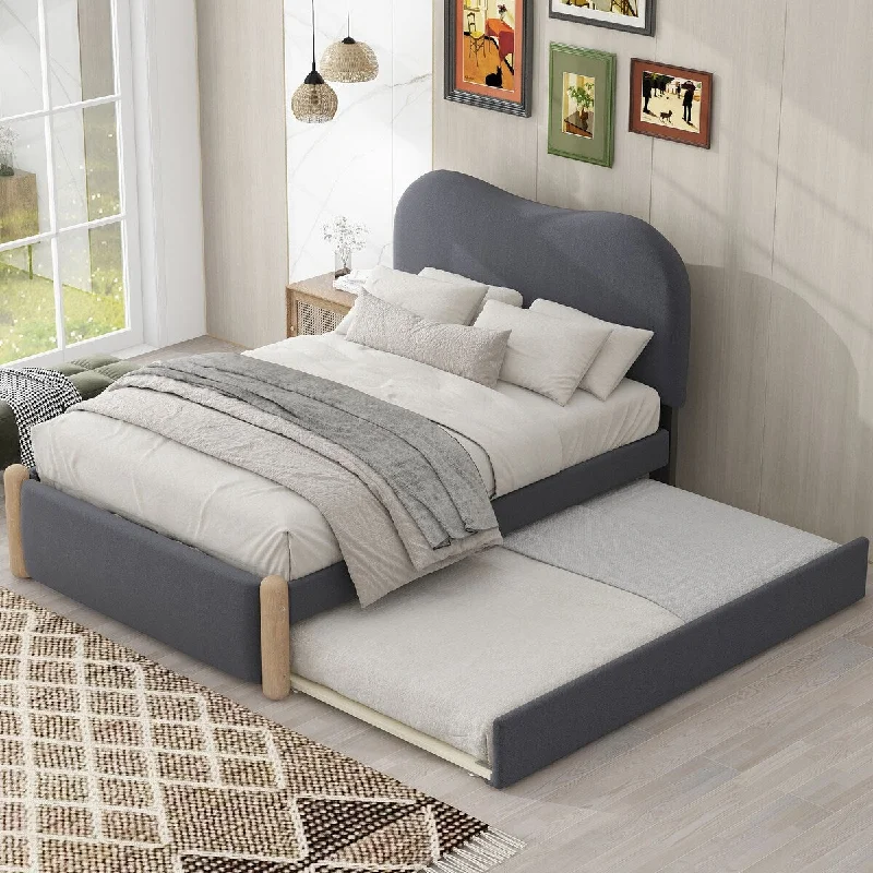 Grey Twin Size Upholstered Platform Bed with Headboard, Trundle, and Wooden Feet