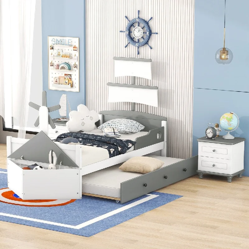 Grey Twin SizeBoat-Shaped Platform Bed Set