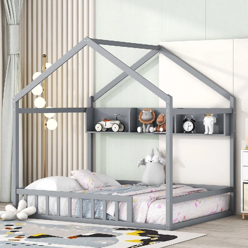 Grey Twin SizeWooden House Bed with Storage