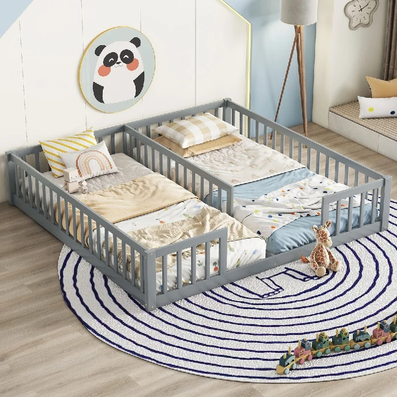 Grey Wood Double Twin Size Floor Bed with Fence, Guardrails, without Door