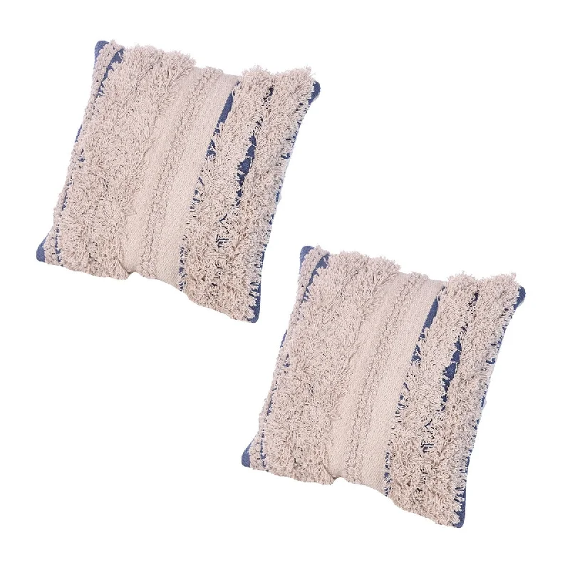 Handcrafted Shaggy Cotton Accent Throw Pillows, Woven Yarn, Set of 2, Beige, Blue - Beige