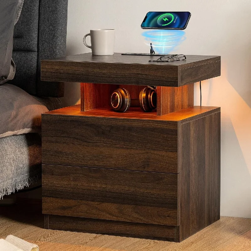 Hommpa Modern LED Nightstand Bedside Table with Wireless Charging Station 2 Outlets USB Port Type C