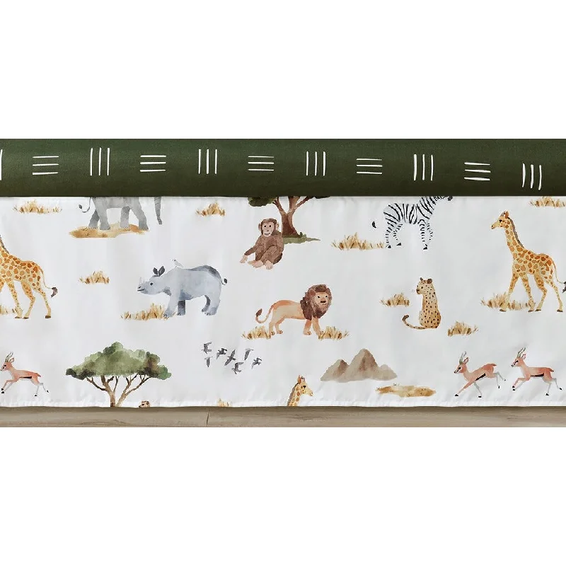 Jungle Animals Crib Bed Skirt Hunter Green Yellow Grey Black and White Safari Elephant Giraffe Lion Monkey Leopard Cheetah Zebra