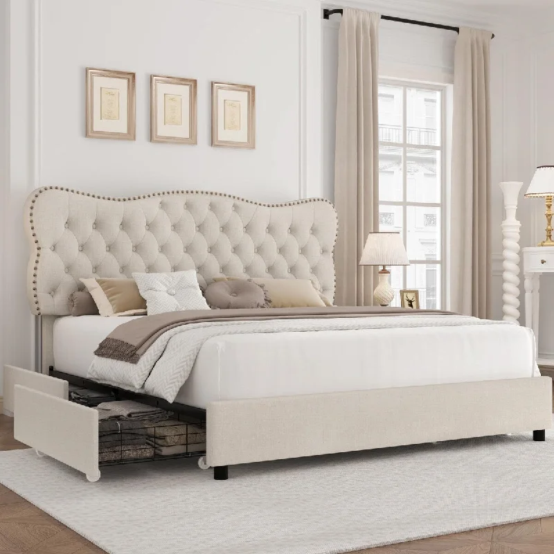 King Bed Frame with Storage Drawers, Button Tufted Headboard, Heavy Duty Foundation, Wooden Slats, No Box Spring