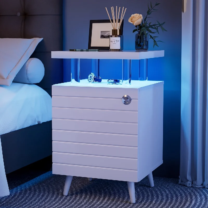 LED Nightstand LED Bedside Table End Tables Living Room with 4 Acrylic Columns, Bedside Table with Drawers