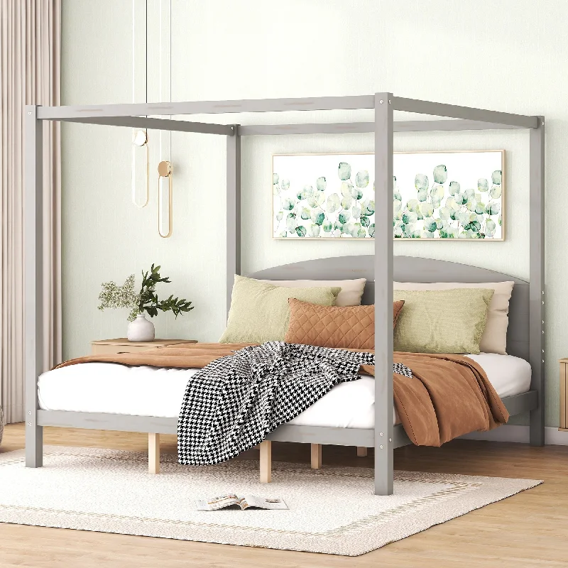 Light Grey King Size Wood Canopy Platform Bed