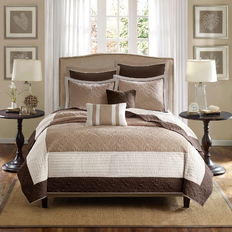 Madison Park Danville Beige 7 Piece Quilt Set with Euro Shams and Throw Pillows