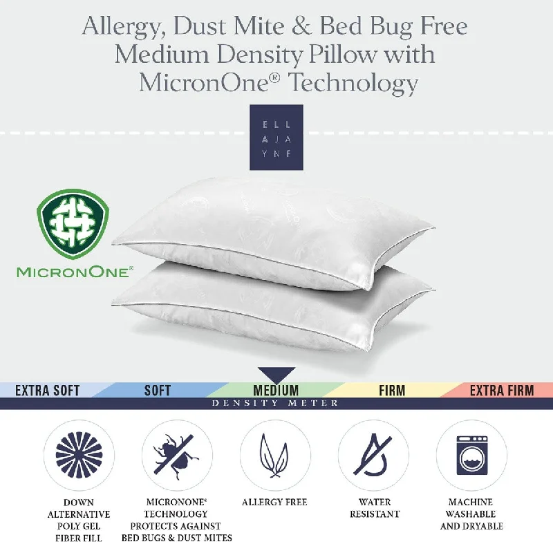 MicronOne Dust Mite, Bedbug, Allergen-Free Down Alternative Pillow, Medium Density, for All Sleep Positions, Set of 2 - Standard