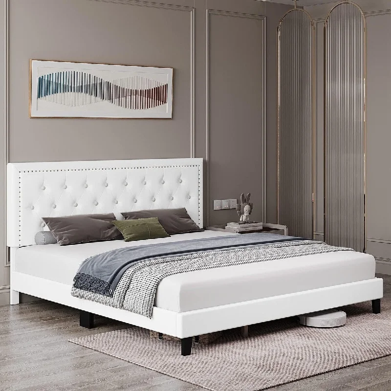 Modern King Size Bed Frame with Leather Upholstered Headborad