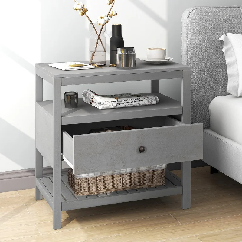 Modern Wooden Nightstand with Metal Handle Storage Drawers and 2 Open Cubby Side Table for Bedroom Bedside Storage