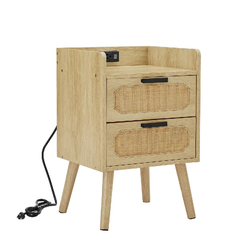 Natural Handmade Rattan Wood Nightstand, Bedside Tables with Socket and 2 USB Ports Side Table