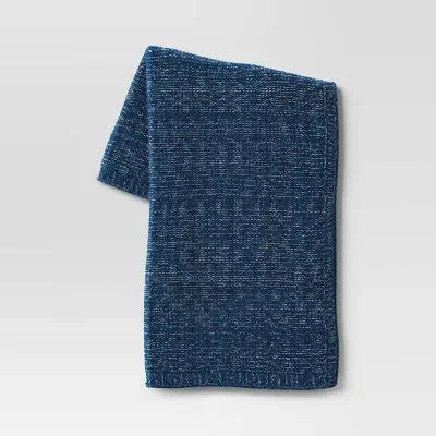 New - Cozy Metallic Yarn Knit Throw Blanket Navy Blue - Threshold