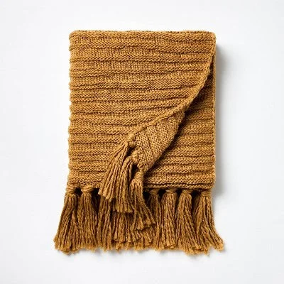 New - Raised Striped Chunky Knit Throw Blanket Dark Tan - Threshold designed with Studio McGee: Cozy, Midweight, Decorative Tassels