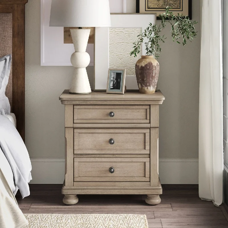 Nightstand with Hidden Drawer Wire Brushed Birch Veneer Wood Bed Side Table