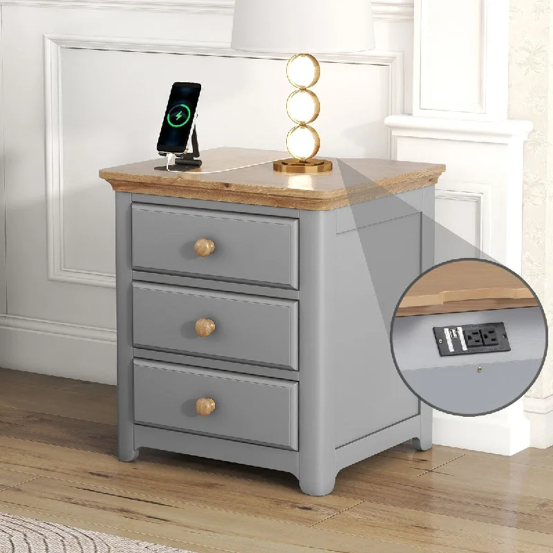 Nightstand with USB Charging Ports, 3 Drawers End Table Office Wooden File Cabinet, Bedroom Gray Wooden End Table