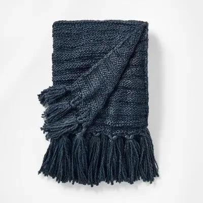 Open Box - Raised Striped Chunky Knit Throw Blanket Navy - Threshold designed with Studio