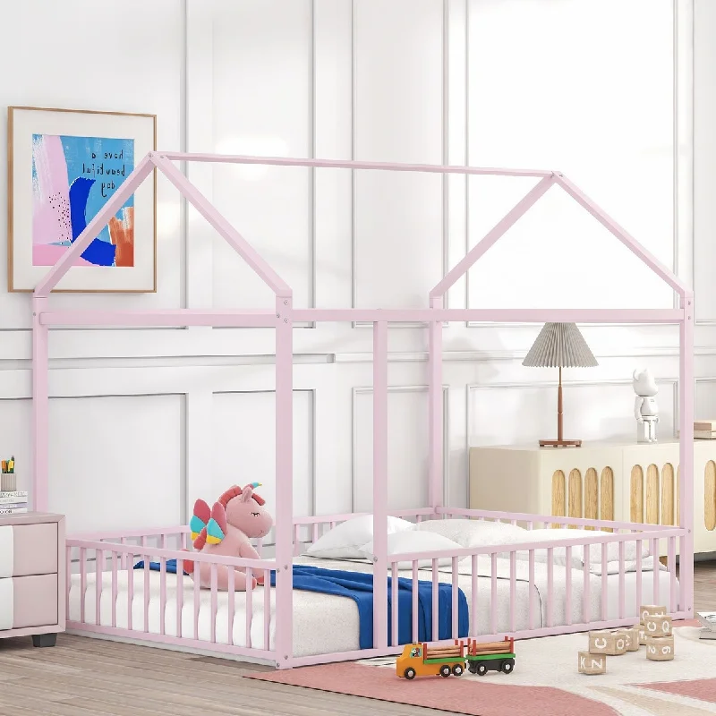 Pink Full Size Metal House Bed Frame with Fence for Added Safety