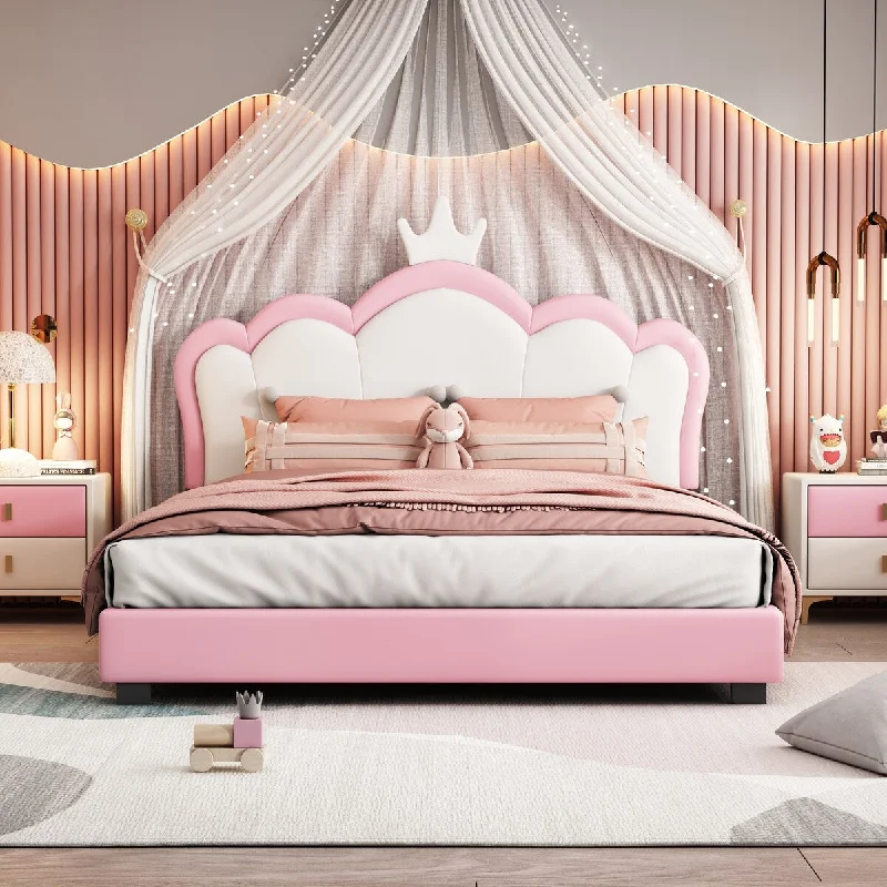 Pink Full Size+Pink Upholstered Bed with Crown Headboard